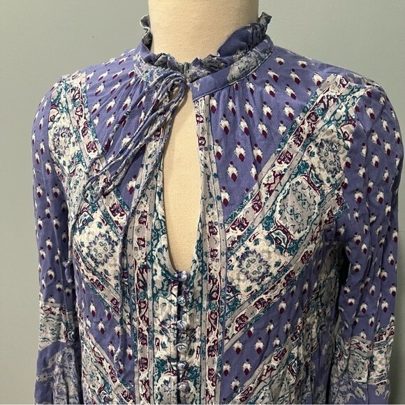 Free People Purple Paisley Split Neck Button Front Bell Sleeve Blouse Size XS - Picture 3 of 8
